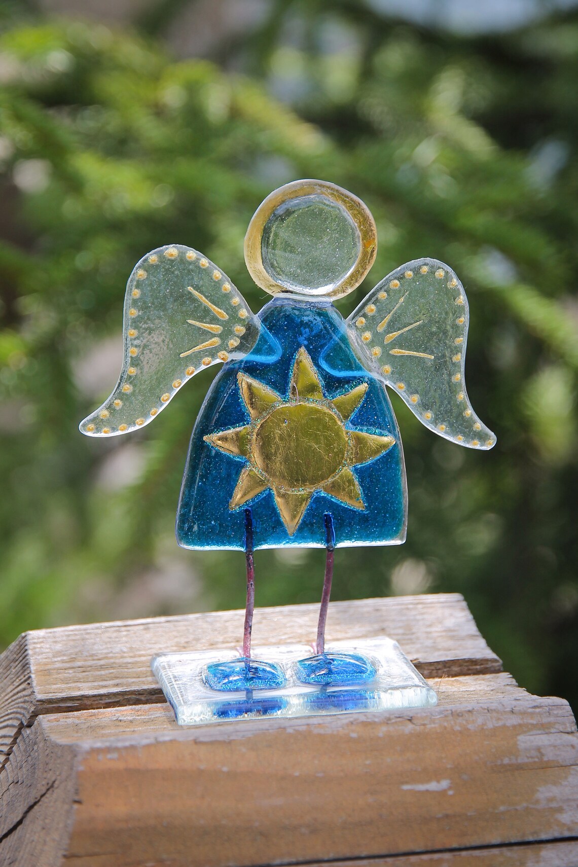 Guardian Angel of Sun Glass Art on a Stand - Handcrafted Celestial Masterpiece