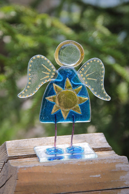 Guardian Angel of Sun Glass Art on a Stand - Handcrafted Celestial Masterpiece