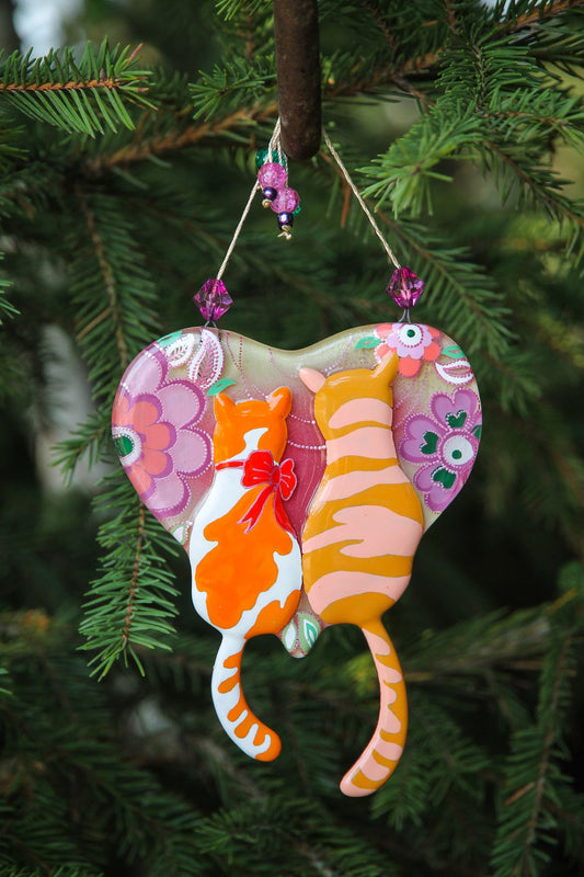 Handmade Cats on Purple Heart with Stars Glass Decoration - White and Orange Cats in Love, 13 cm