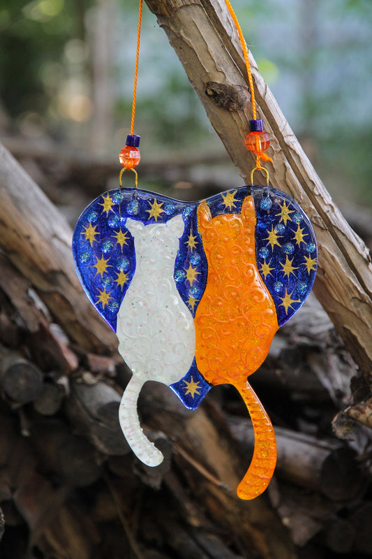 Handmade Cats on Blue Heart with Stars Glass Decoration - White and Orange Cats in Love, 13 cm