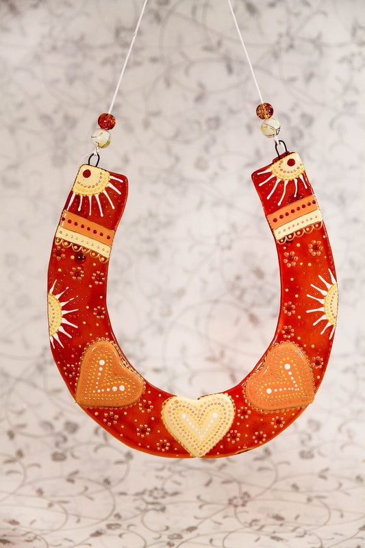 Hand-Painted Lucky Horseshoe with Hearts Wall Art - Red & Orange, 16 cm, Symbol of Good Luck and Prosperity