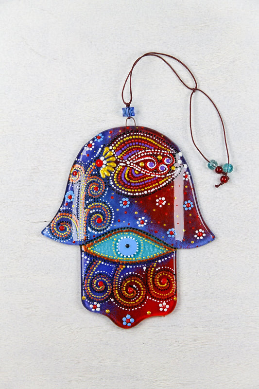 Hand-Painted Hamsa Glass Wall Art - Blue & Red, 15 cm, 18 cm, Symbol of Protection and Positive Energies