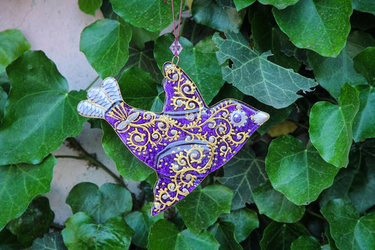 Colorful and Intricate Glass Bird Wall Art - Handmade, Blue, 13 cm - Now