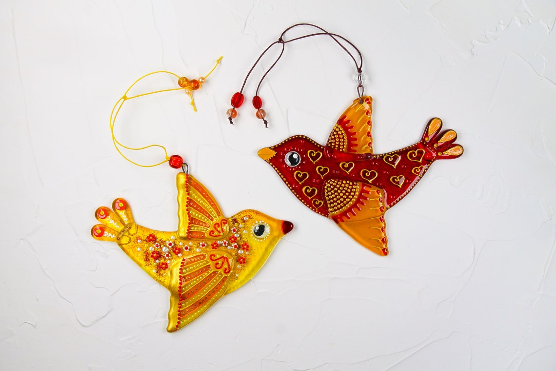 Colorful and Intricate Glass Bird Wall Art - Handmade, 13 cm - Now