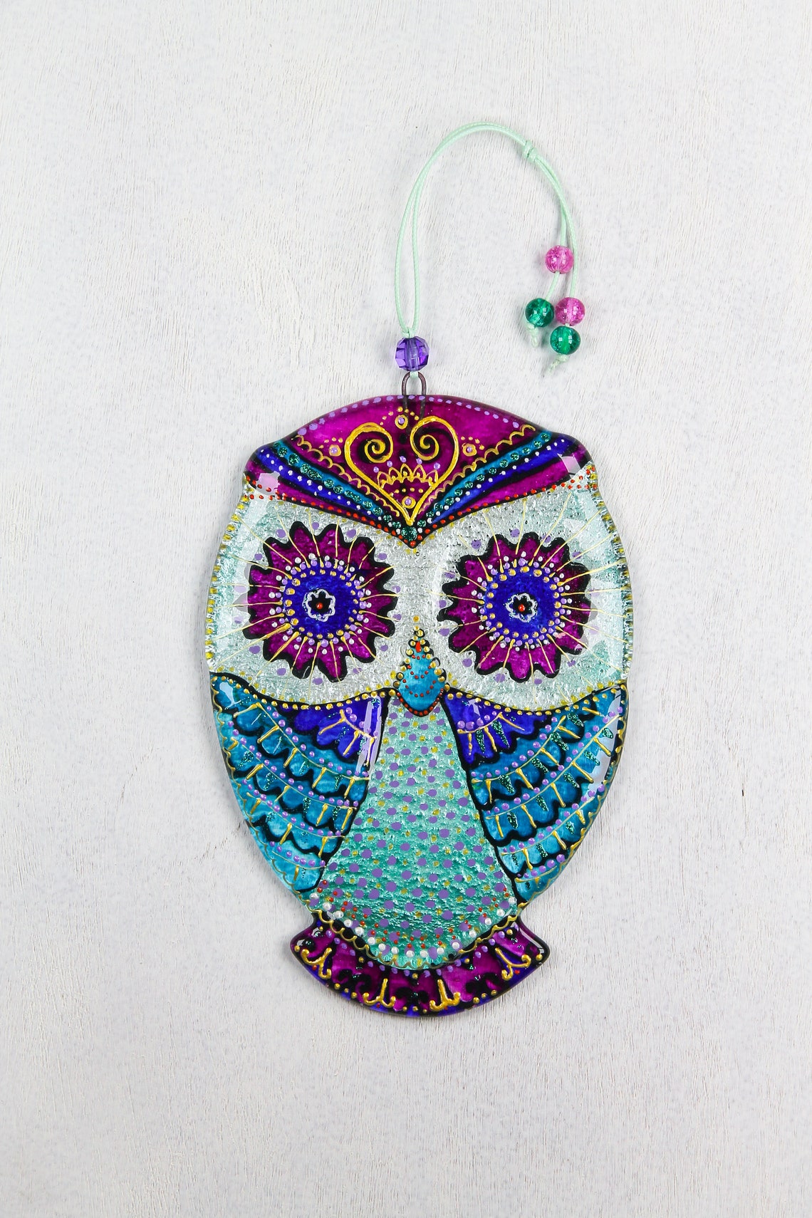 Fortune Owl Big Glass Wall Art - Handmade, Personalized Decor, Blue, 20 cm - Now