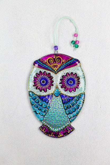 Fortune Owl Big Glass Wall Art - Handmade, Personalized Decor, Blue, 20 cm - Now