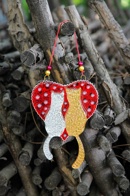 Handmade Cats on Red Heart with Pearls Glass Decoration - Playful Cats in Whimsical Garden, 13 cm
