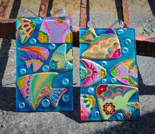 Vibrant Rainbow Fish Glass Panel Artwork - Hand-Painted, Personalized Decor, 23 cm - Now