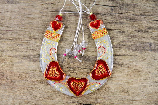 Hand-Painted Glass Horseshoe with Hearts Wall Art - White, 16 cm, Symbol of Good Luck and Prosperity