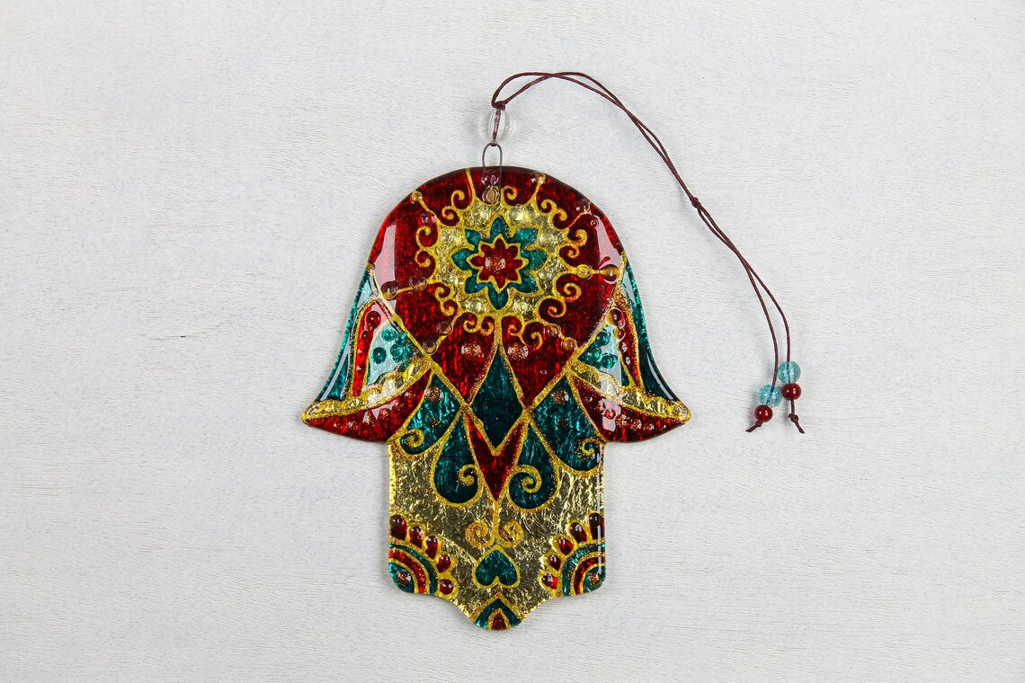 Hand-Painted Hamsa Glass Wall Art - Red, Green & Gold, 15 cm, 18 cm, Symbol of Protection and Positive Energy