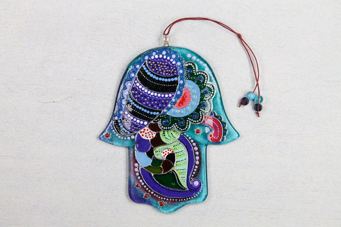 Hand-Painted Hamsa Glass Wall Art - Green & Brown, Symbol of Protection and Spiritual Energy