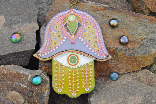 Hand-Painted Hamsa Glass Wall Art - Lavender & Yellow, 15 cm, 18 cm, Symbol of Protection and Positive Energies