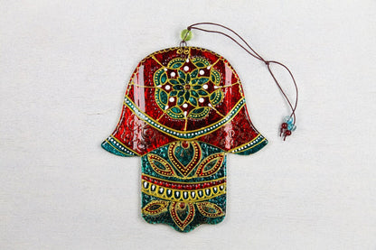 Hand-Painted Hamsa Glass Wall Art - Red, Green & Gold, 15 cm, 18 cm, Symbol of Protection and Positive Energy