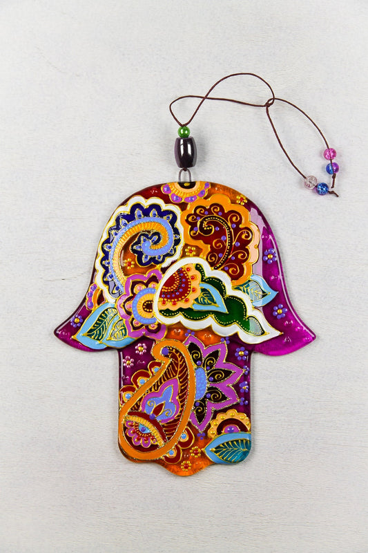 Hand-Painted Hamsa Glass Wall Art - Purple & Orange, 15 cm, 18 cm Diameter, Symbol of Protection and Positivity