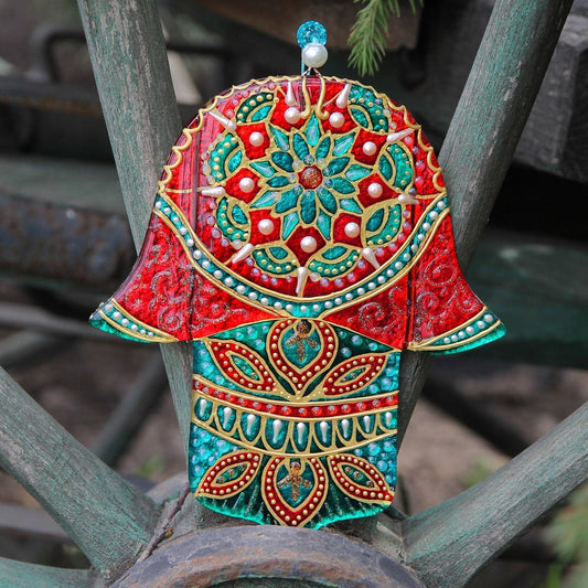 Hand-Painted Hamsa Glass Wall Art - Red, Green & Gold, 15 cm, 18 cm, Symbol of Protection and Positive Energy