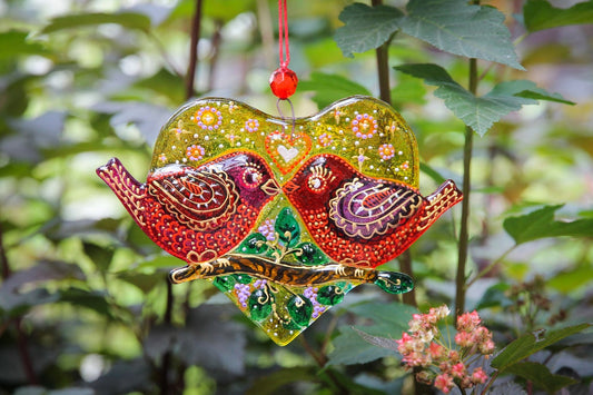Birds in Love on Heart Glass Wall Art - Handmade, Romantic Decor, 12 cm - Now