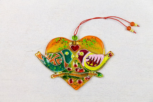 Birds in Love on Heart Glass Wall Art - Handmade, Romantic Decor, 12 cm - Now