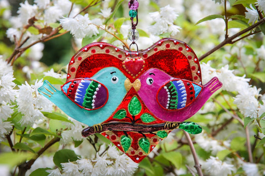 Birds in Love on Heart Glass Wall Art - Handmade, Romantic Decor, 12 cm - Now