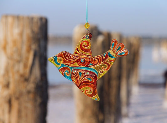 Vibrant Orange Glass Bird Wall Art - Handmade, Gorgeous Patterns, 13 cm - Now