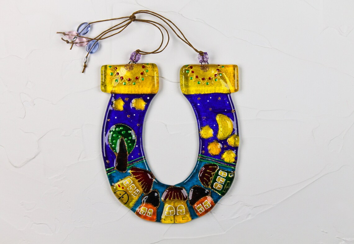 Hand-Painted Lucky Horseshoe with City, Sun, Moon, and Stars Wall Art - Navy and Yellow, 16 cm, Symbol of Good Luck and Prosperity