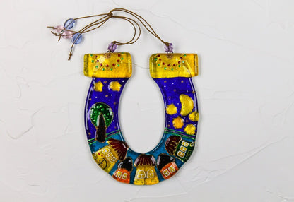 Hand-Painted Lucky Horseshoe with City, Sun, Moon, and Stars Wall Art - Navy and Yellow, 16 cm, Symbol of Good Luck and Prosperity