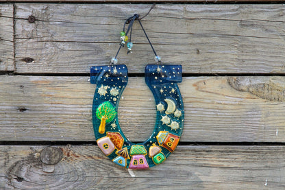 Hand-Painted Lucky Horseshoe with City, Moon, and Stars Wall Art - Blue, 16 cm, Symbol of Good Luck and Prosperity