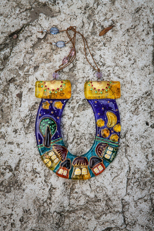 Hand-Painted Lucky Horseshoe with City, Sun, Moon, and Stars Art, 16 cm, Symbol of Good Luck and Prosperity