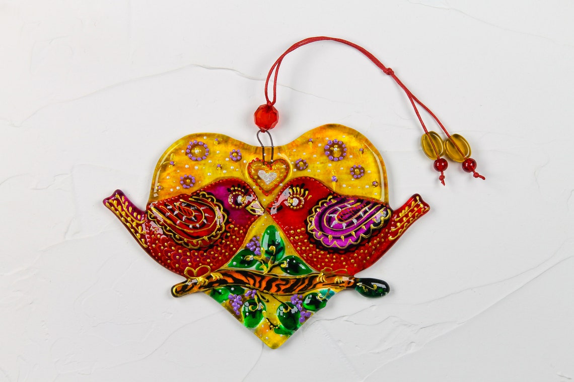 Birds in Love on Heart Glass Wall Art - Handmade, Romantic Decor, 12 cm - Now