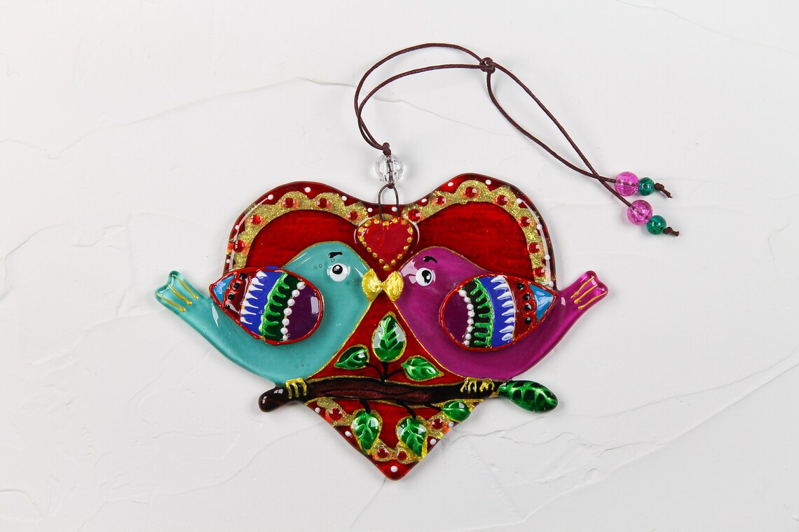 Birds in Love on Heart Glass Wall Art - Handmade, Romantic Decor, 12 cm - Now