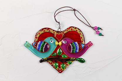 Birds in Love on Heart Glass Wall Art - Handmade, Romantic Decor, 12 cm - Now