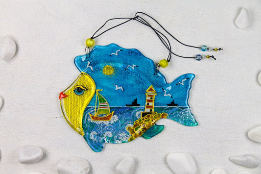 Sea-Fish Glass Artwork - Hand-Painted, Personalized Suncatcher, Home Decoration, 18 cm - Now