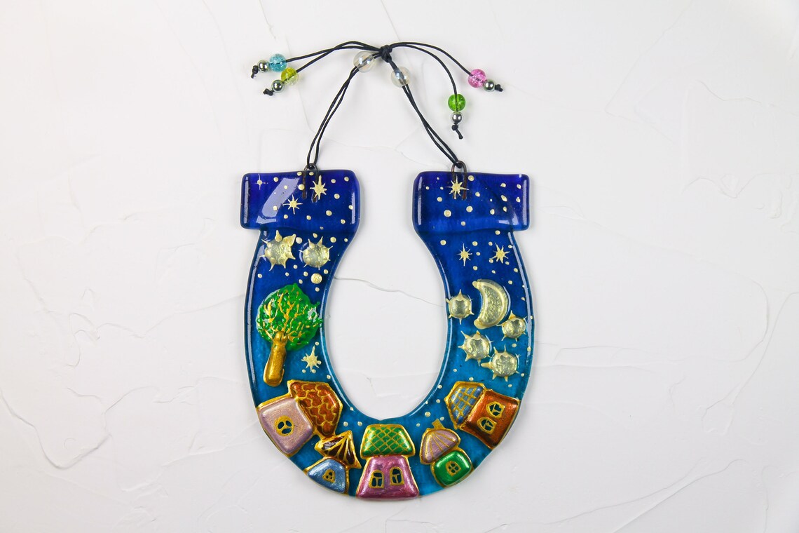 Hand-Painted Lucky Horseshoe with City, Moon, and Stars Wall Art - Blue, 16 cm, Symbol of Good Luck and Prosperity