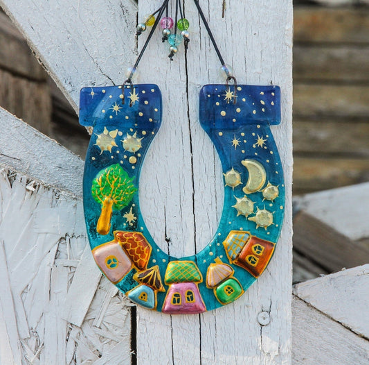 Hand-Painted Lucky Horseshoe with City, Moon, and Stars Wall Art - Blue, 16 cm, Symbol of Good Luck and Prosperity
