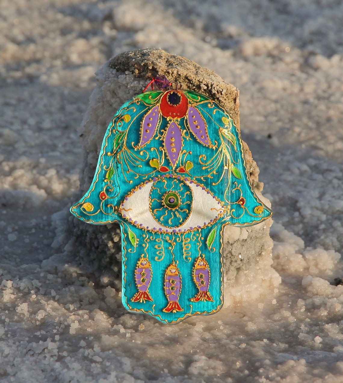 Hand-Painted Hamsa Glass Wall Art - Light Blue & Purple, 15 cm, 18 cm, Symbol of Protection and Positive Energy