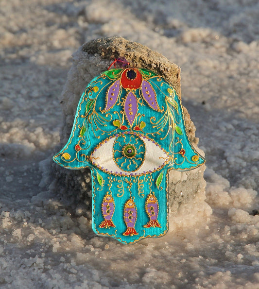 Hand-Painted Hamsa Glass Wall Art - Light Blue & Purple, 15 cm, 18 cm, Symbol of Protection and Positive Energy