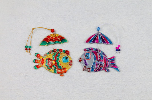 Playful 'Fish with Umbrella' Glass Fused Wall Art - Handmade, Personalized Decor, Orange, 12 cm - Now