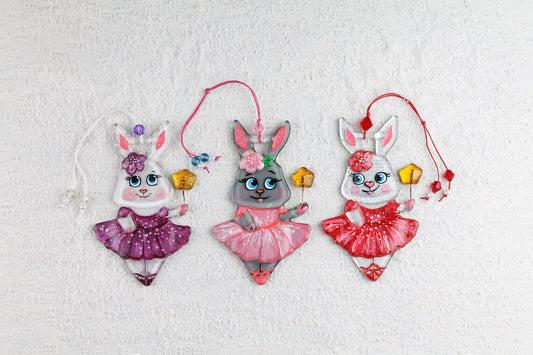 Bunny Ballerina Glass Wall Art Hanging Handmade Personalized Gift Zodiac, 12 cm