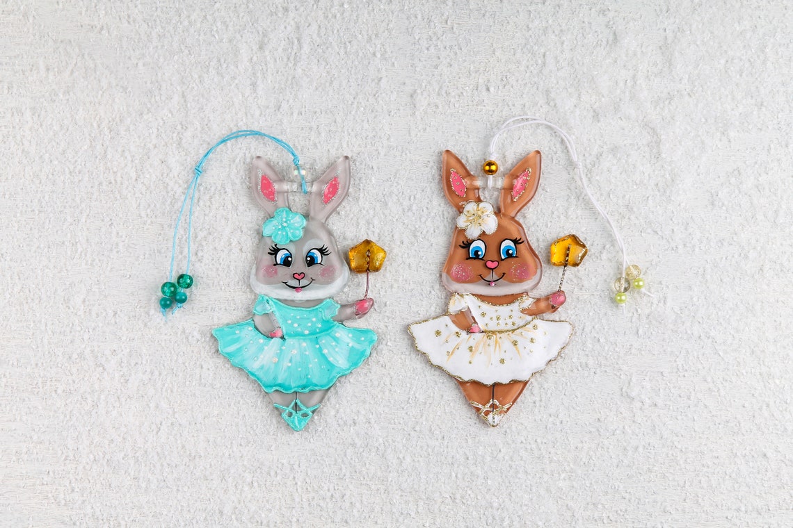 Bunny Ballerina Glass Wall Art Hanging Handmade Personalized Gift Zodiac, 12 cm