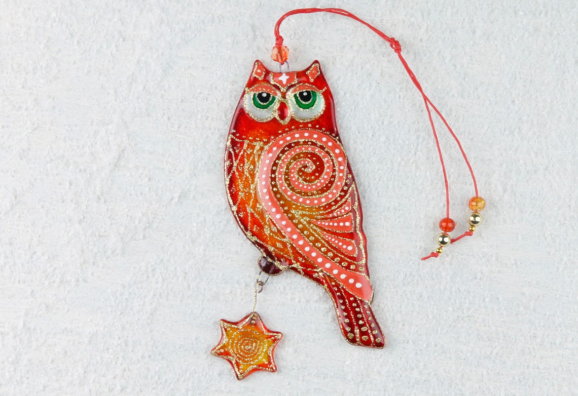 Pair of Wise Owls with Sun and Moon Symbols Glass Artwork - Hand-Painted, Personalized Home Decoration, Blue & Red, 20 cm - Now