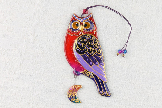 Pair of Wise Owls with Sun and Moon Symbols Glass Artwork - Hand-Painted, Personalized Home Decoration, Green & Orange, 20 cm - Now