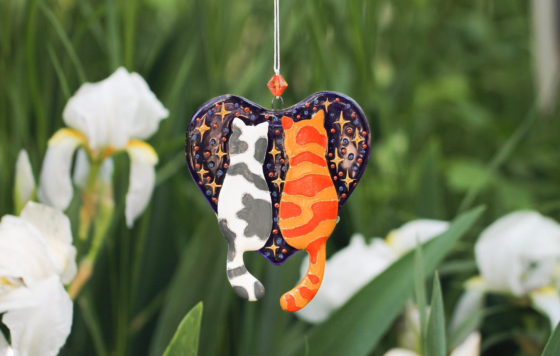 Handmade Cats on Purple Heart with Stars Glass Decoration - White and Orange Cats in Love, 13 cm