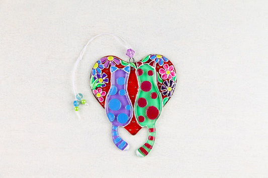Handmade Cats on Red Heart with Flowers Glass Decoration - Playful Cats in Whimsical Garden, 13 cm