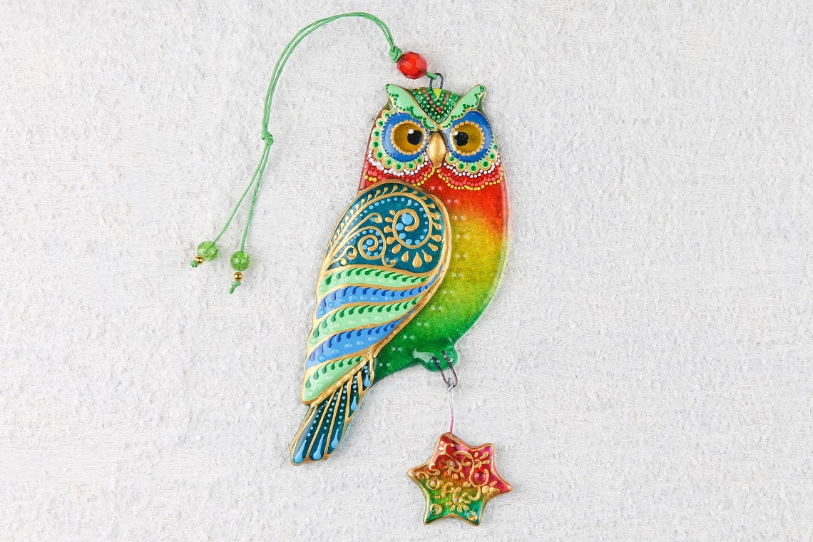 Pair of Wise Owls with Sun and Moon Symbols Glass Artwork - Hand-Painted, Personalized Home Decoration, Green & Orange, 20 cm - Now