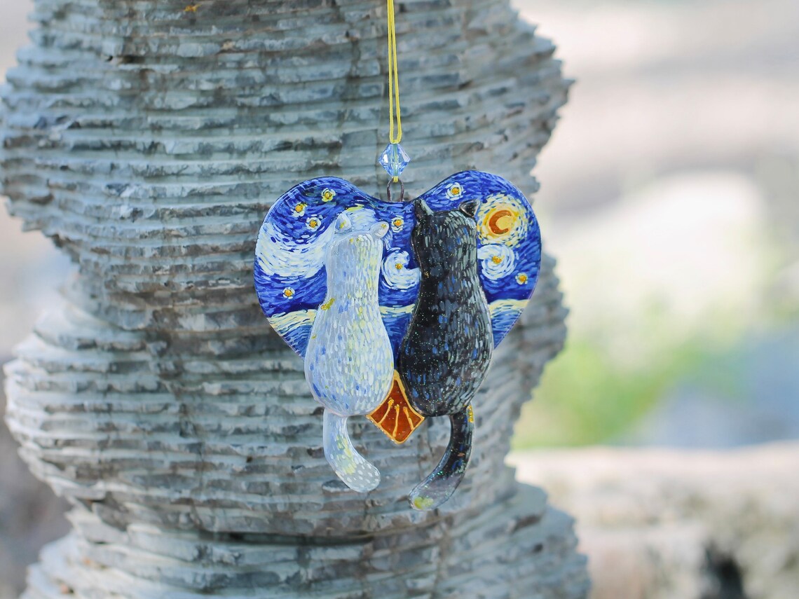 Handmade Cats on Purple Heart with Stars Glass Decoration - White and Orange Cats in Love, 13 cm