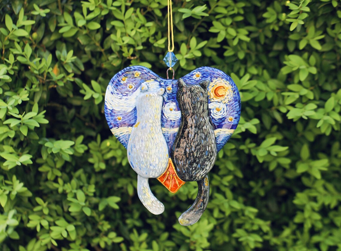 Handmade Cats on Purple Heart with Stars Glass Decoration - White and Orange Cats in Love, 13 cm