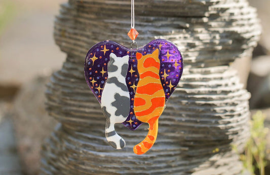 Handmade Cats on Purple Heart with Stars Glass Decoration - White and Orange Cats in Love, 13 cm