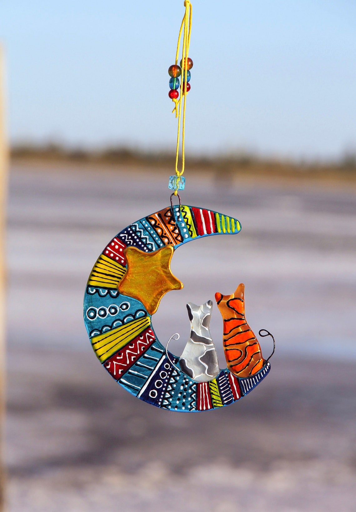 Handmade Cats on the Moon Glass Decoration - Two Cats Seated on Moon under Yellow Star, Blue, 15 cm