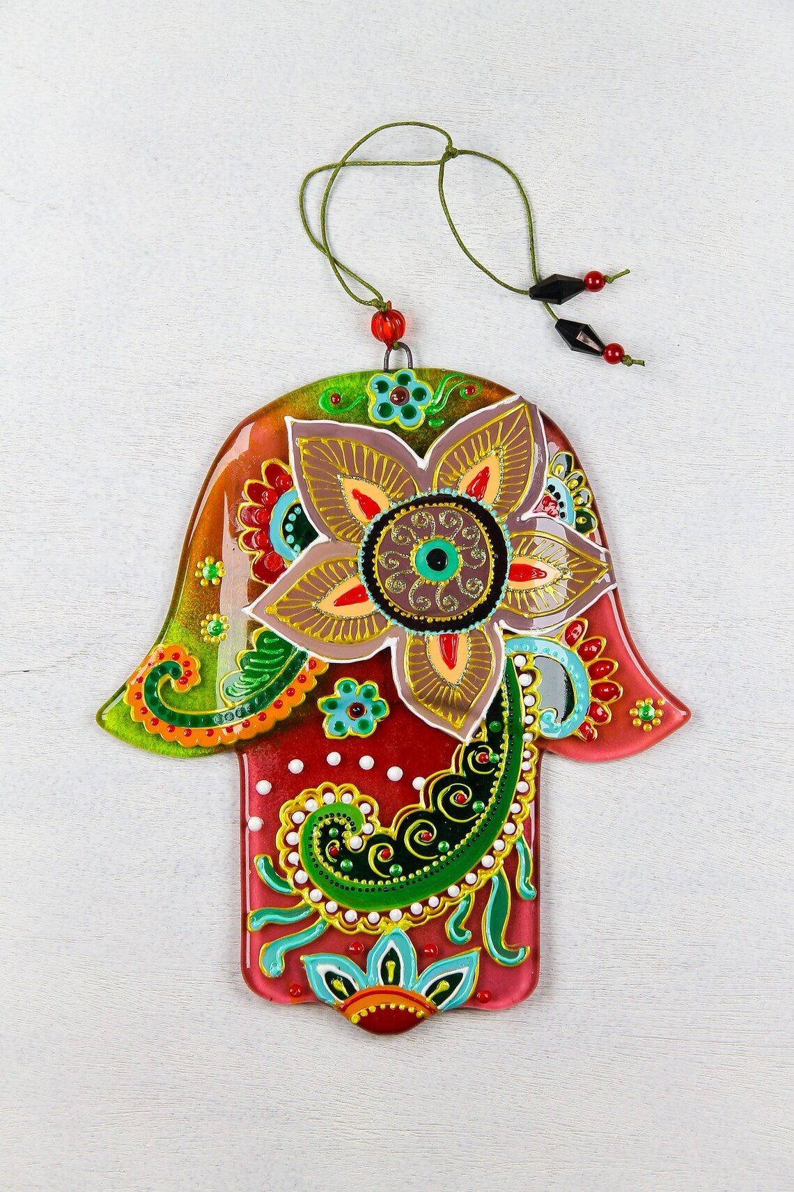 Hand-Painted Hamsa Glass Wall Art - Red & Green, 15 cm, 18 cm Diameter, Symbol of Protection and Positive Energy