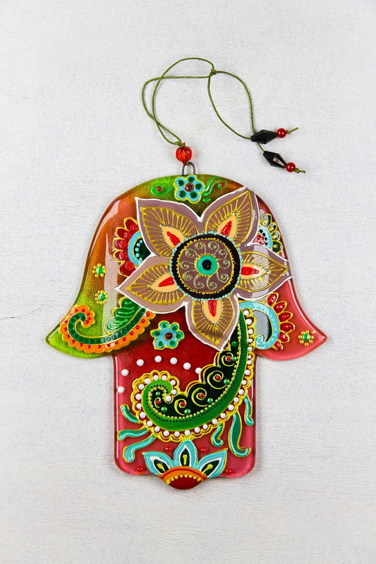 Hand-Painted Hamsa Glass Wall Art - Red & Green, 15 cm, 18 cm Diameter, Symbol of Protection and Positive Energy