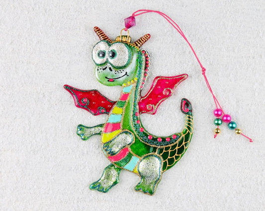 Adorable Dragon Glass Wall Art – Handmade, Personalized Gift, Green & Red, 15 cm